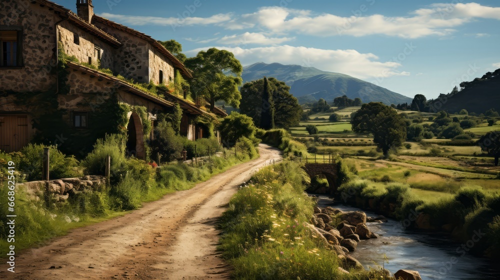 A small Italian village nestled in the country. Generative AI.