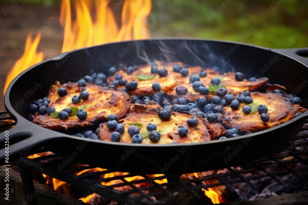blueberry pancakes cooking in a skillet over outdoor flames