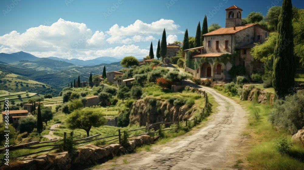 A small Italian village nestled in the country. Generative AI.