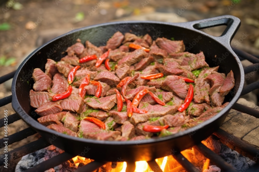 searing beef strips in a skillet for campfire fajitas searing beef strips in a skillet for campfire fajitas