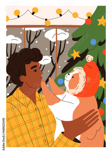 Christmas card, person and cute dog wearing Xmas holiday hat. Pet owner and f...