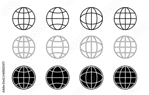 Globe icon set. Planet Earth, world map in different variations.