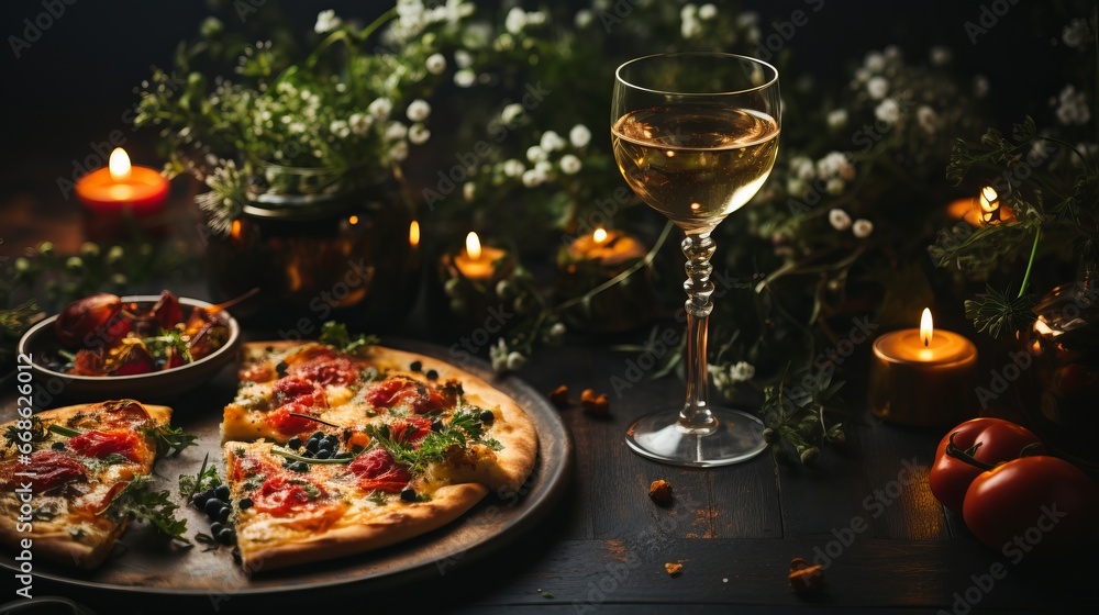 Appetizing pizza and a glass of wine, against the backdrop of fresh greenery. Restaurant serving of a simple flour dish. Delicious fast food.