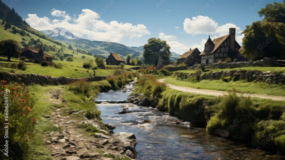 A tranquil scene of a rural village. Generative AI.