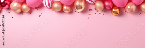 Holiday banner of colorful balloons on pink background.