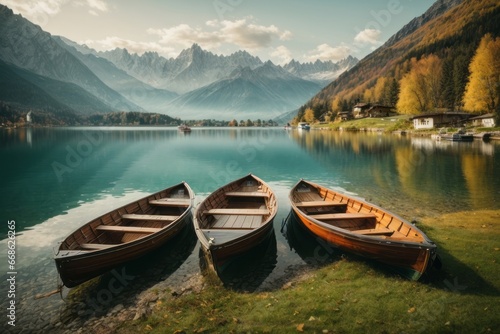 Three boats on the background of a blue lake  high alpine mountains in a natural beautiful park