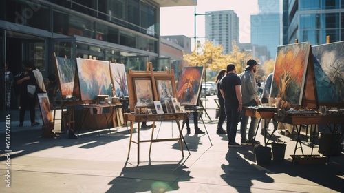 An upscale outdoor art market featuring contemporary pieces and live art demonstrations.