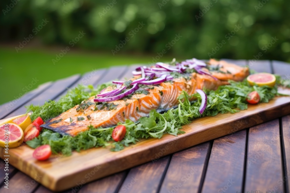 roasted salmon on cedar plank with garden salad roasted salmon on cedar plank with garden salad