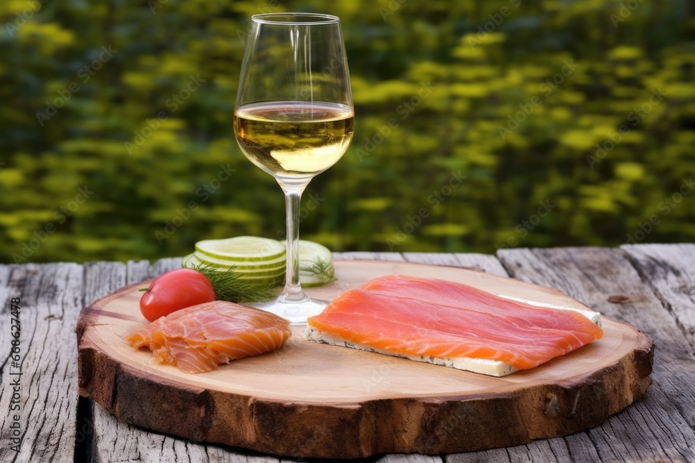 smoked salmon on cedar plank with glass of white wine