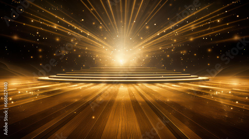 Golden empty stage with shiny lights and golden dust background illustration
