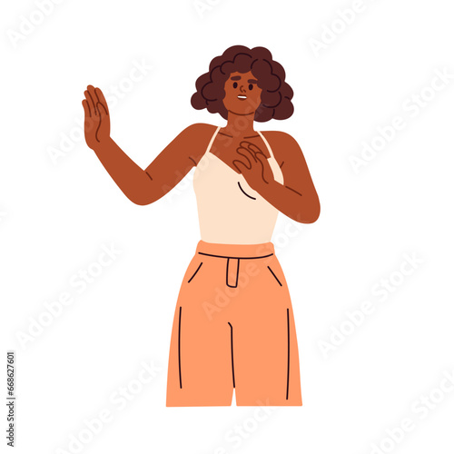 Woman afraid, gesturing stop with hand palm. Scared frightened girl in fear, showing mute deaf warning sign, saying no, refusing. Flat graphic vector illustration isolated on white background