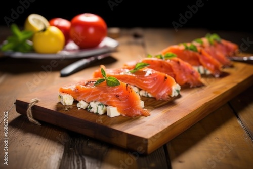 smoked salmon on cedar plank with sliced tomatoes