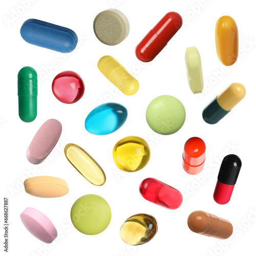 Many pills in different forms and colors isolated on white, collection