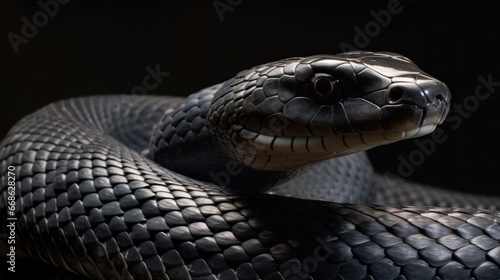 Close up of the head of a black snake. Wildlife concept with a copy space.