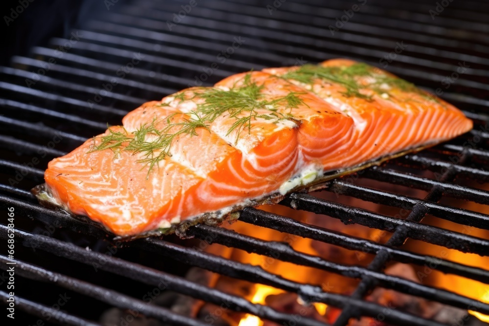 a piece of fresh salmon grilling on a charcoal grill a piece of fresh salmon grilling on a charcoal grill