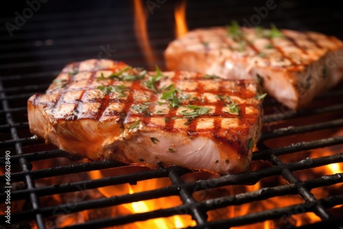 swordfish steak smoking on grill over charcoal