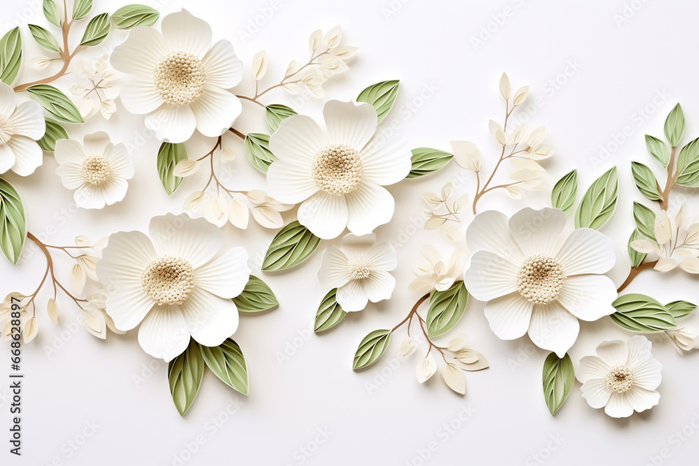 Paper cut flowers and leaves, Fresh spring nature background. Floral banner, poster, flyer template with copy space. - obrazy, fototapety, plakaty 