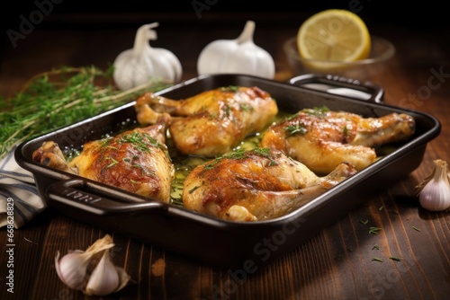 broiled chicken legs under a layer of caramelized garlic butter on a stone dish
