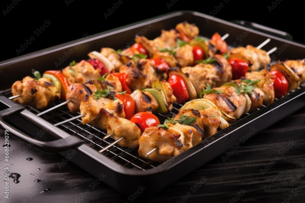 chicken skewers on a grill pan with char marks