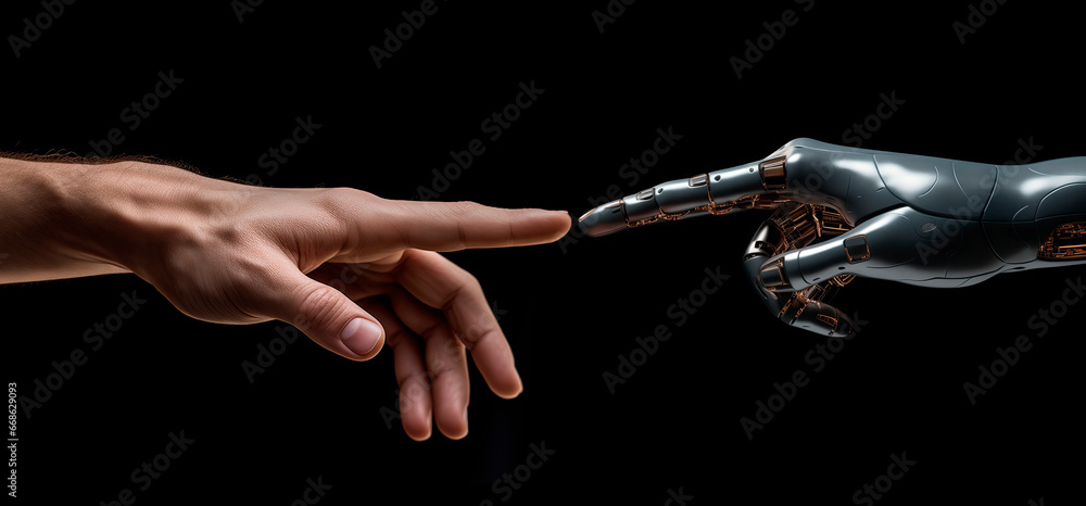 artificial intelligence, robot hand and human hand touching each other ...
