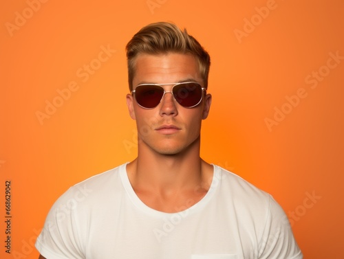 Fictional Cool Handsome Guy with Sunglasses Isolated on a Colored Background. Generative AI.
