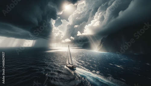 Tight shot capturing a section of the ocean under a stormy sky. Sunlight shines through a break in the clouds, illuminating the waters, with a sailboat