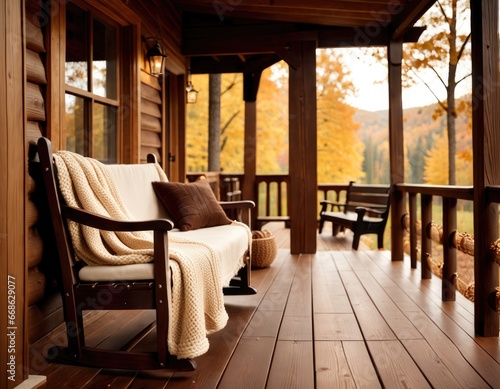 Cozy autumn porch with wooden bench and warm woven blanket and trees in golden leaves