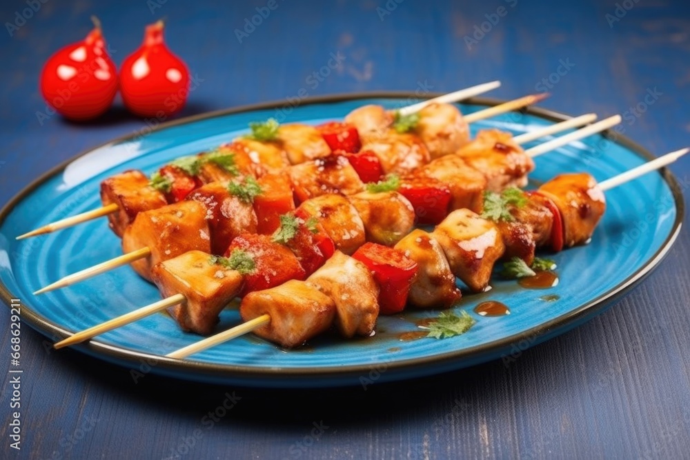chicken skewers laid diagonally on a blue plate chicken skewers laid diagonally on a blue plate