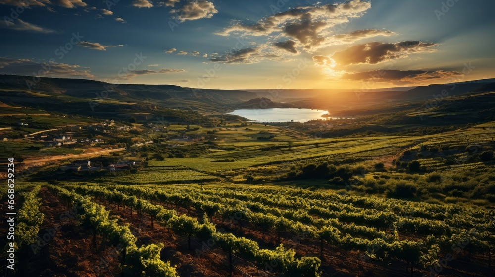 Agriculture field of vineyards in lines at sun. Generative AI.