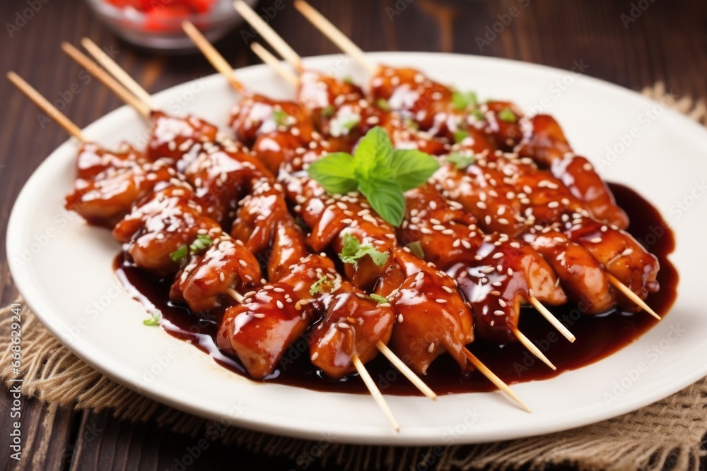 chicken skewers drenched in barbecue sauce on a ceramic plate