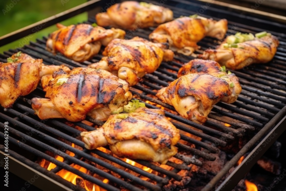 grilled chicken thighs being repositioned with tongs on a concrete outdoor grill
