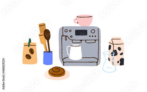 Coffee maker, machine with cups, mugs, milk package, coffe beans bag composition. Coffeemaker, home kitchen appliance for making morning drink. Flat vector illustration isolated on white background