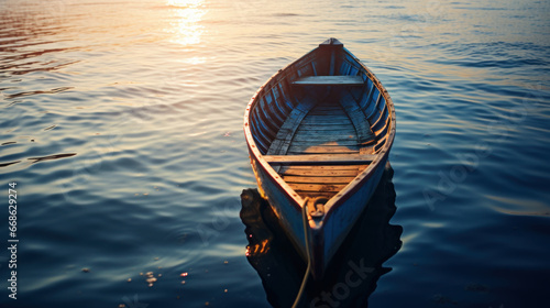 wooden boat or canoe on water at sunset