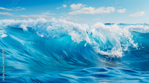 Mesmerizing azure wave, cresting majestically on clear blue sky background with white clouds. Beautiful realistic background of sea or ocean