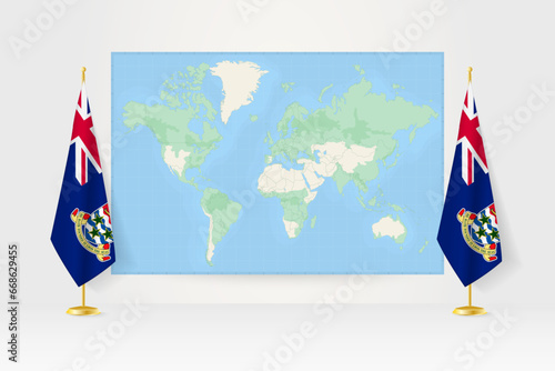 World Map between two hanging flags of Cayman Islands flag stand.