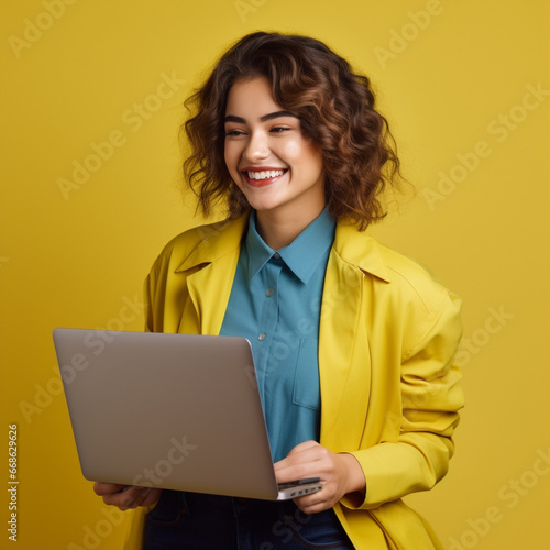 Portrait of a beautiful girl with a laptop on a yellow background in a yellow jacket with a smile and dark hair