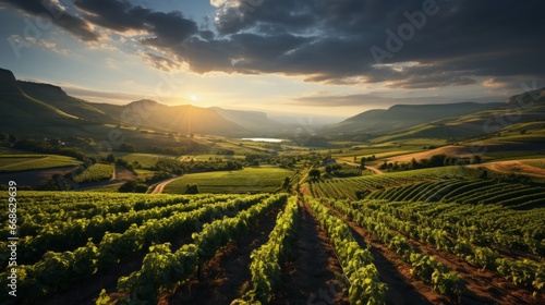 Agriculture field of vineyards in lines at sun. Generative AI.
