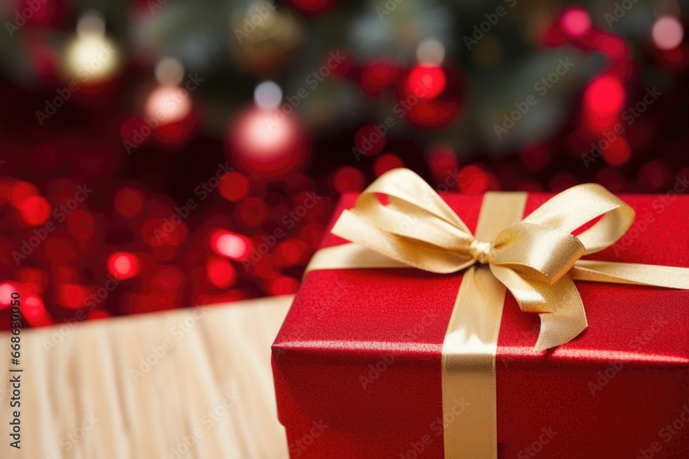 a red ribbon bow tied around a christmas present a red ribbon bow tied around a christmas present