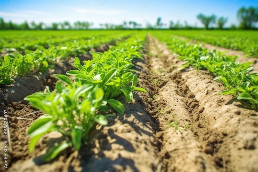 wide-angle shot of a field of young citrus seedlings