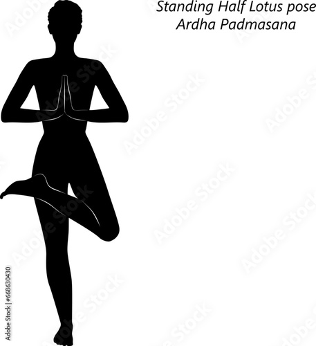 Silhouette of woman doing yoga Ardha Padmasana. Standing Half Lotus pose or Half Lotus Tree pose. Isolated vector illustration.