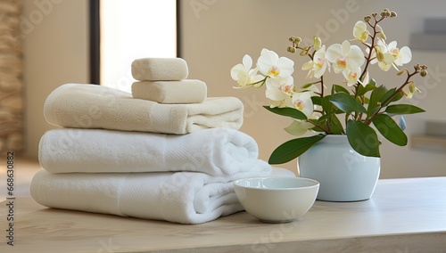 Spa and massage day. clean towels and bathroom items in room. 