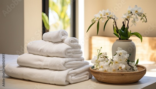 Spa and massage day. clean towels and bathroom items in room. 