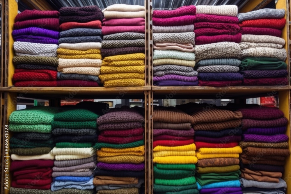stack of finished sweaters on a warehouse shelf stack of finished sweaters on a warehouse shelf