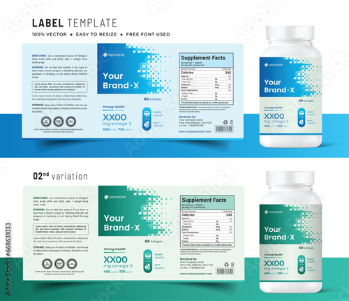 Vitamin label sticker design, natural multi food supplement banner packaging, jar label medicine health product print vector modern file.