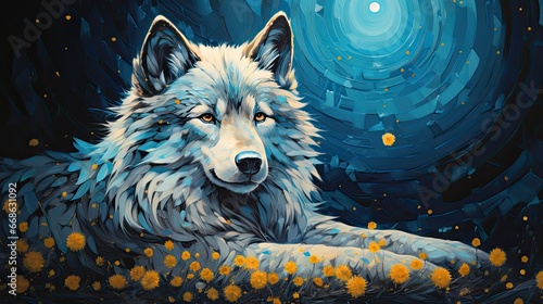 Oil painting of majestic alpha wolf under a full moon at night. Digital Art. © Photo And Art Panda