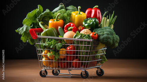 Shopping cart full of fresh vegetables on a wooden table, black background