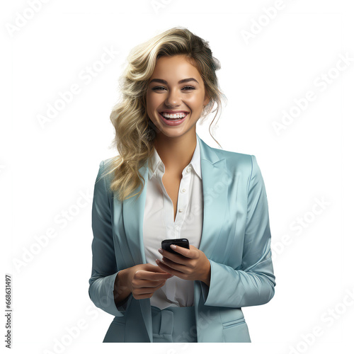 Portrait of a smiling happy blonde woman holding smarphone isolated on transparent background