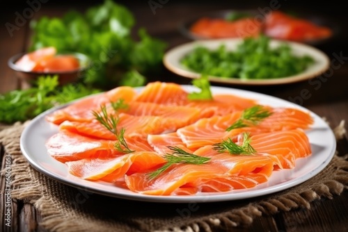cold smoked salmon with fresh herbs on ceramic plate