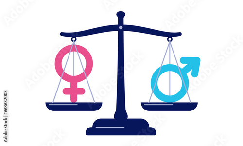 Weight scale with gender signs showing equal weight. Equality symbol. Flat vector illustration isolated on white background