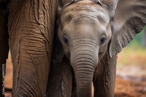 a baby elephant under the watchful care of its mother © altitudevisual